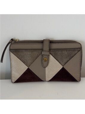 FOSSIL wallet leather & suede patchwork putty colour brown multi pockets & slots